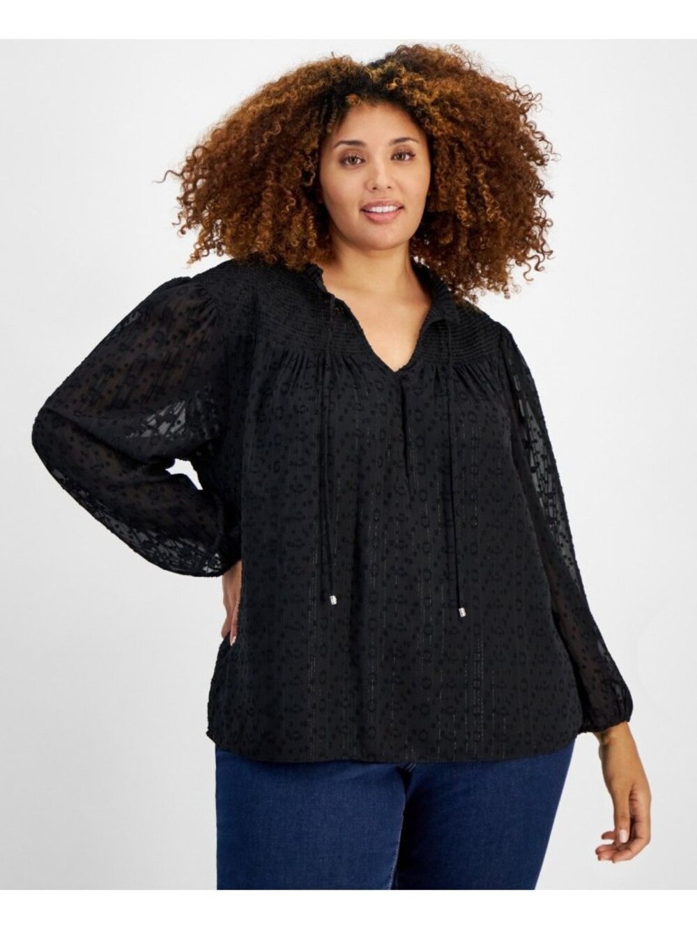 Tommy Hilfiger Womens Tie-Neck Classy Peasant Blouse Black Plus Size 0X NWT